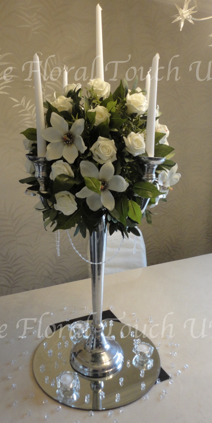 Ivory candelabra centrepiece, weddng centrepiece, magnolia & rose centrepiece, lifelike wedding centrepiece